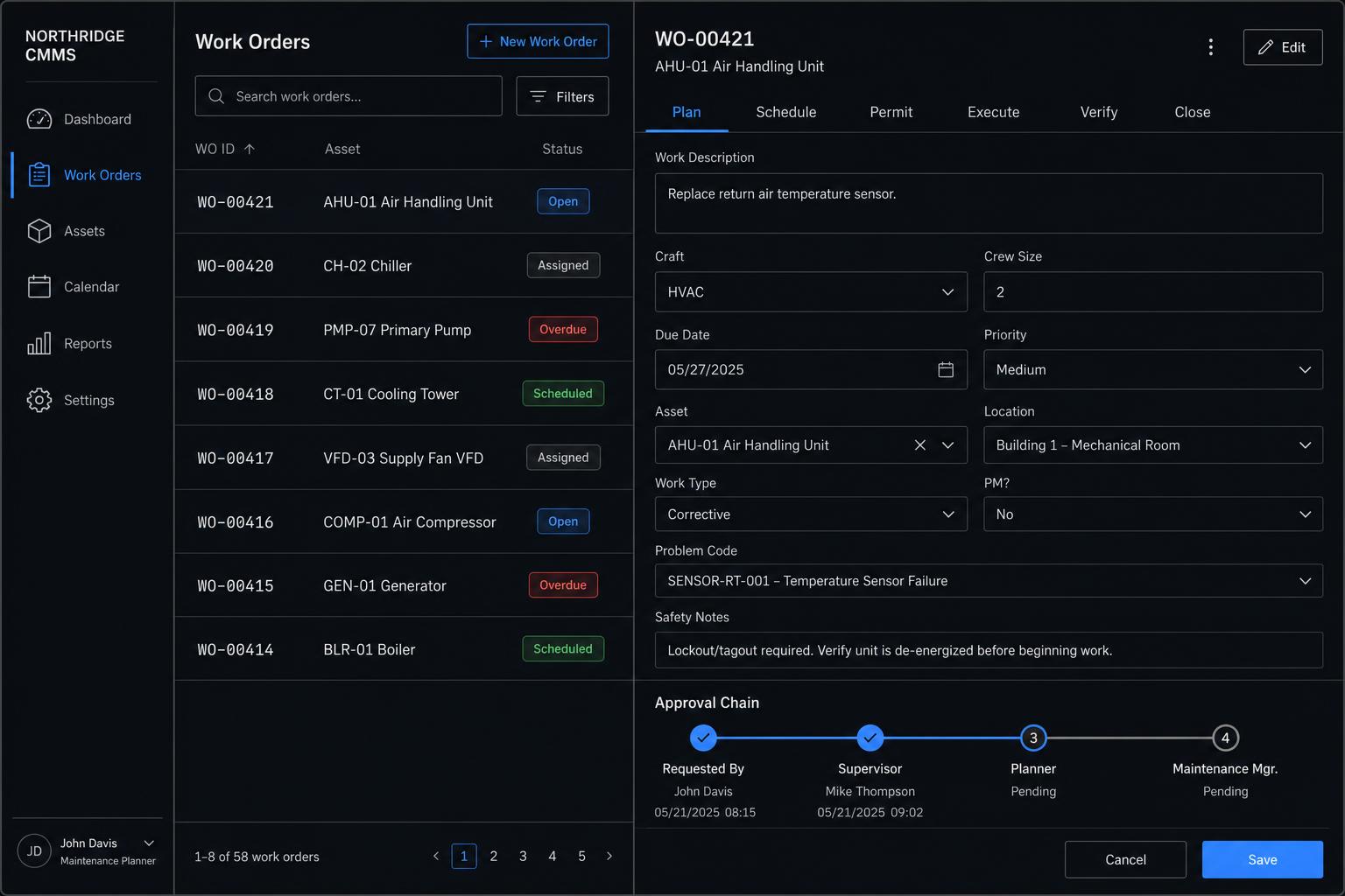 Corefield CMMS work order list and detail screen